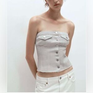 Zara Women’s Silver Shiny Corset Denim Top Size Medium NWT